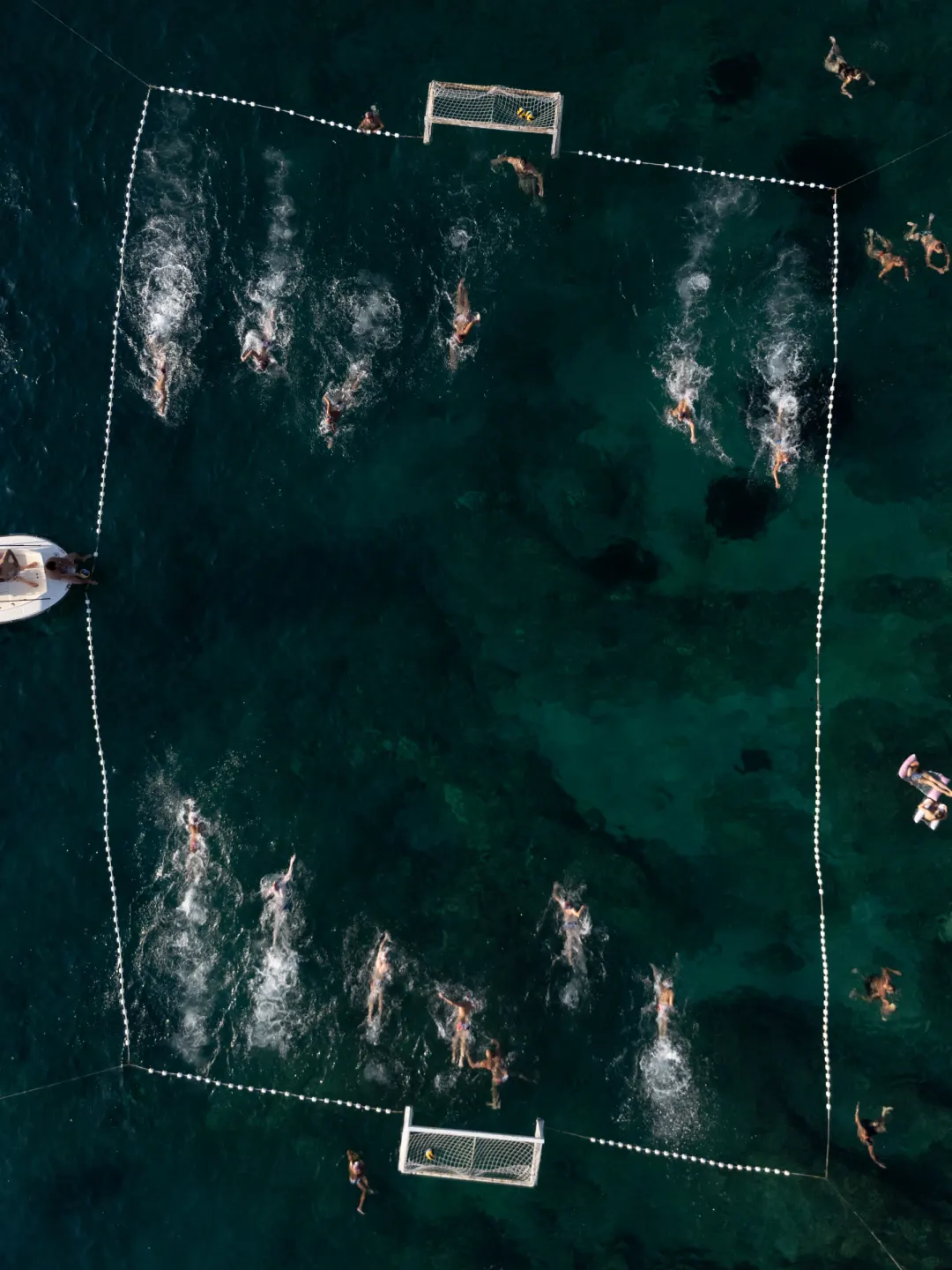 Drone view of a sea water polo pitch