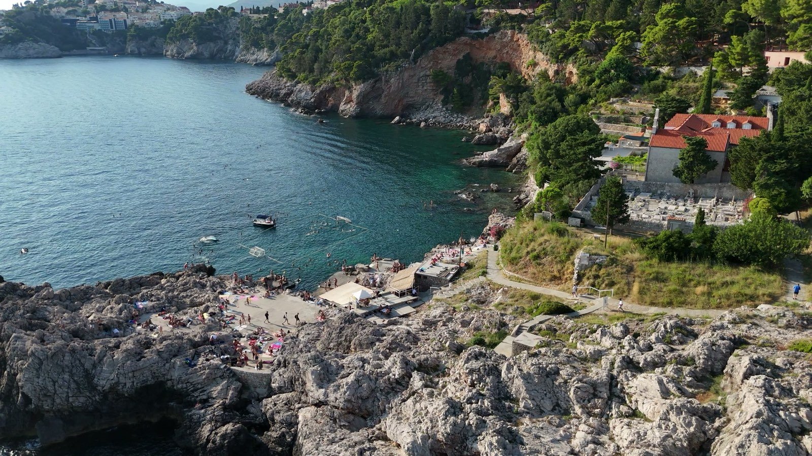 Aerial view of the Dubrovnik coastline where Tezoro Camp plays its sea games
